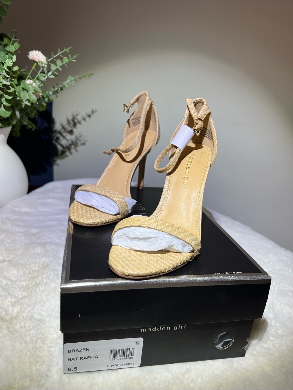 Madden Girl Natural Raffia Ankle-Strap Stiletto Heels